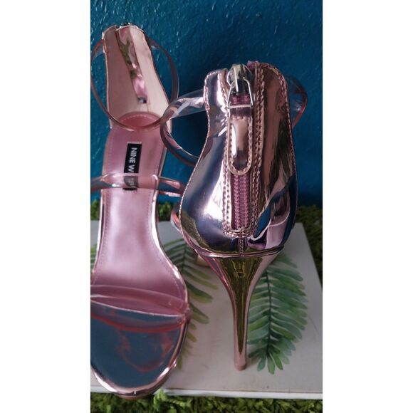 Nine West Women's Leah3 Sandal Stiletto Heel Pink Chrome See through Straps 7 - Picture 3 of 9